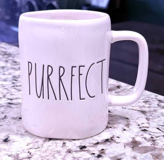 Rae Dunn white ceramic coffee mug PURRFECT