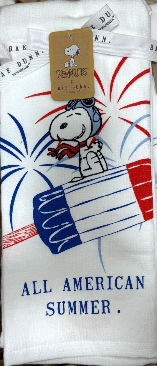 New Rae Dunn x Peanuts Snoopy 2-piece kitchen dish towel set ALL AMERICAN 🇺🇸 SUMMER