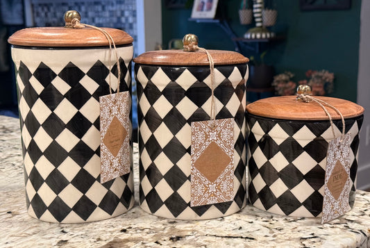 New 3-piece Made in India ceramic canister set black diamond check pattern 8.5” 7” 5.5” size.