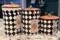New 3-piece Made in India ceramic canister set black diamond check pattern 8.5” 7” 5.5” size.