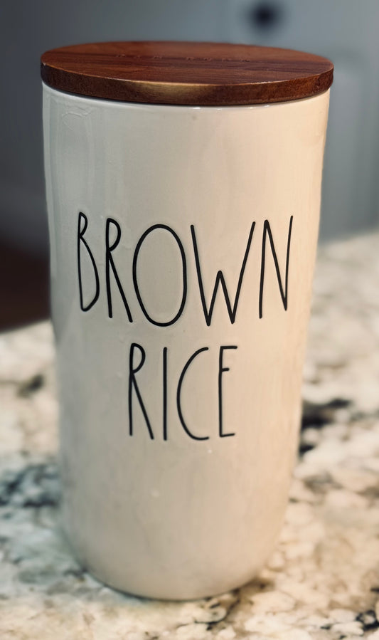 New Rae Dunn white ceramic cellar 8.25” storage BROWN RICE