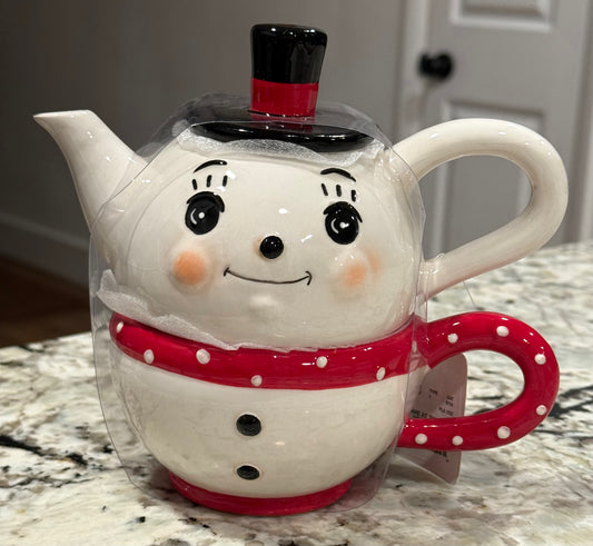 New Joanna Parker ceramic snowman polka dot Christmas teapot decor