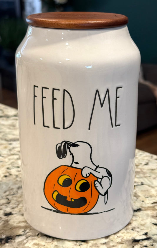 New Rae Dunn x Peanuts Snoopy 9” ceramic FEED ME storage canister