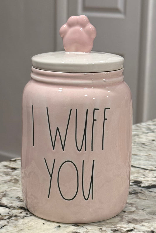 New Rae Dunn pink ceramic I WUFF YOU paw topped canister
