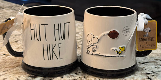 New Rae Dunn x Peanuts Snooy ceramic Football coffee mug decor HUT HUT HIKE
