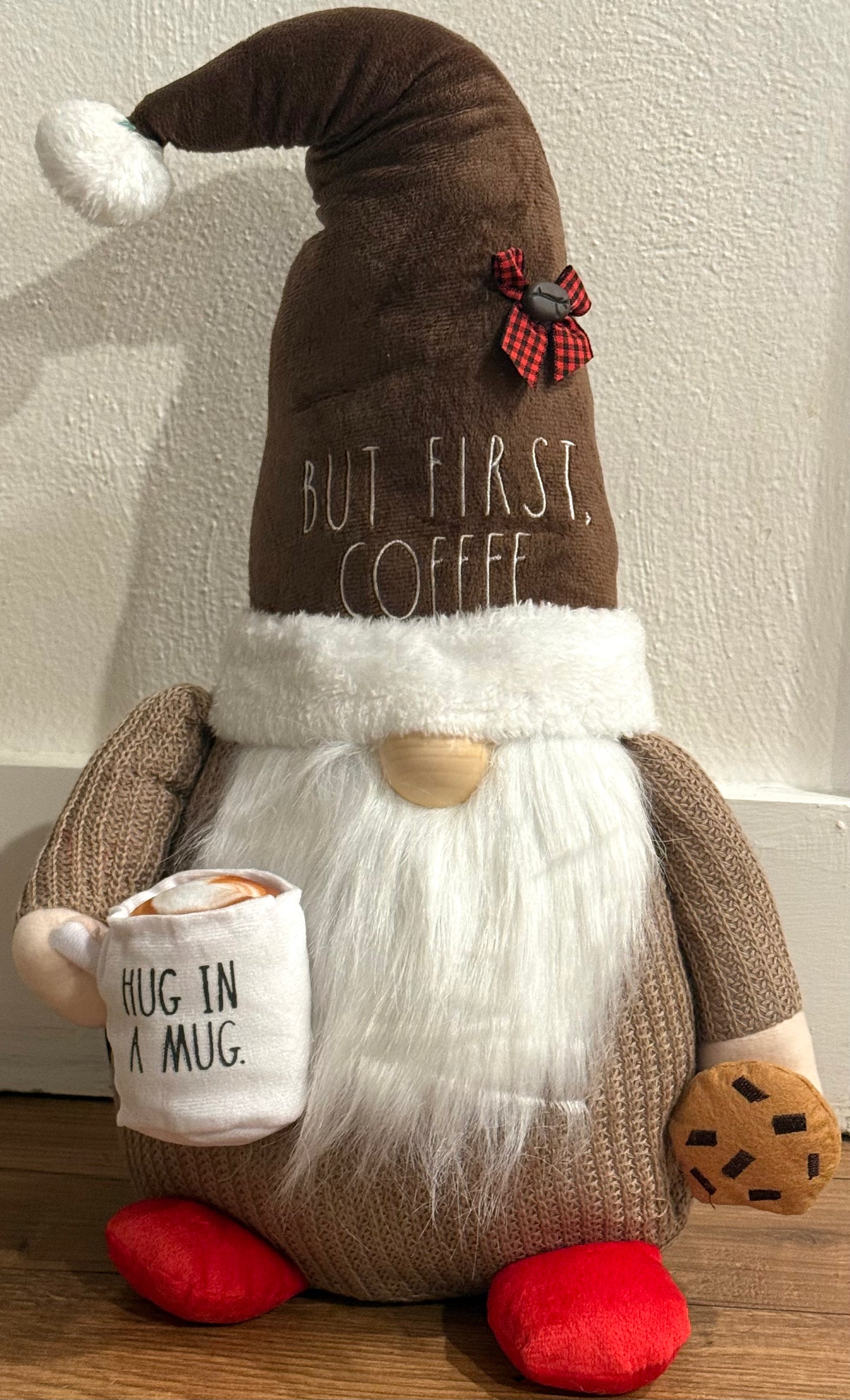 New Rae Dunn “But First, Coffee” Plush Coffee Gnome Hug in a Mug coffee bar decor