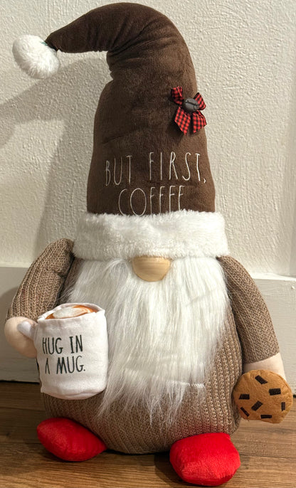 New Rae Dunn “But First, Coffee” Plush Coffee Gnome Hug in a Mug coffee bar decor