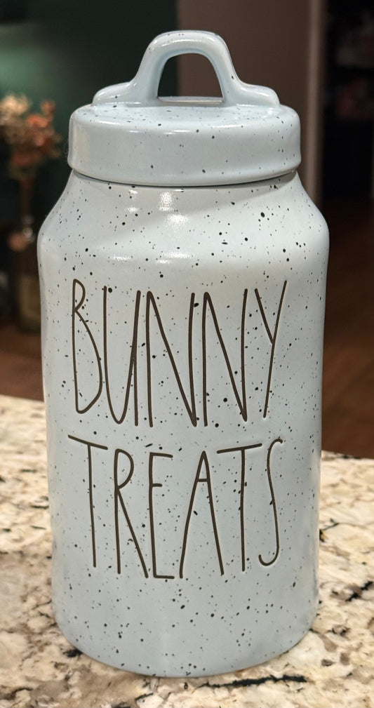 New Rae Dunn blue speckled Easter canister 9” BUNNY TREATS