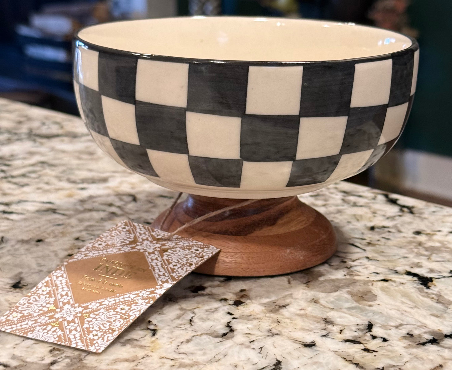 New Made In India ceramic checkered pedestal candy dish 5x5”