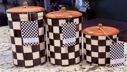New Made in India ceramic wood top black and off white checkered canister set  8.25, 7.25, 5.25”