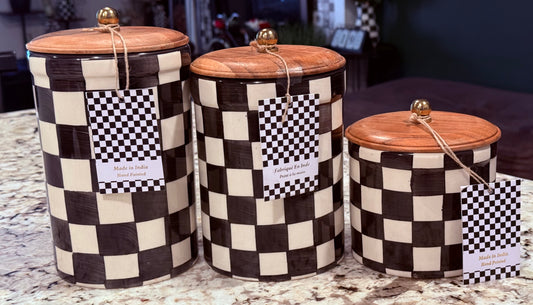 New Made in India ceramic wood top black and off white checkered canister set  8.25, 7.25, 5.25”