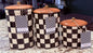 New Made in India ceramic wood top black and off white checkered canister set  8.25, 7.25, 5.25”