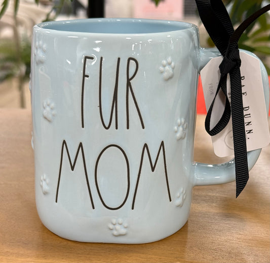 New Rae Dunn blue paw print ceramic coffee mug FUR MOM
