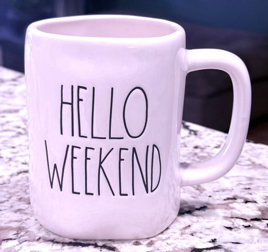 Rae Dunn white ceramic coffee mug HELLO WEEKEND