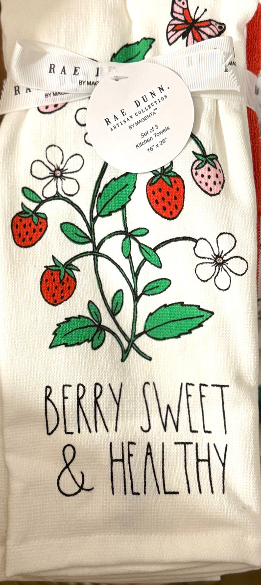 New Rae Dunn 3-piece kitchen dish towel set strawberry 🍓 print BERRY SWEET & HEALTHY