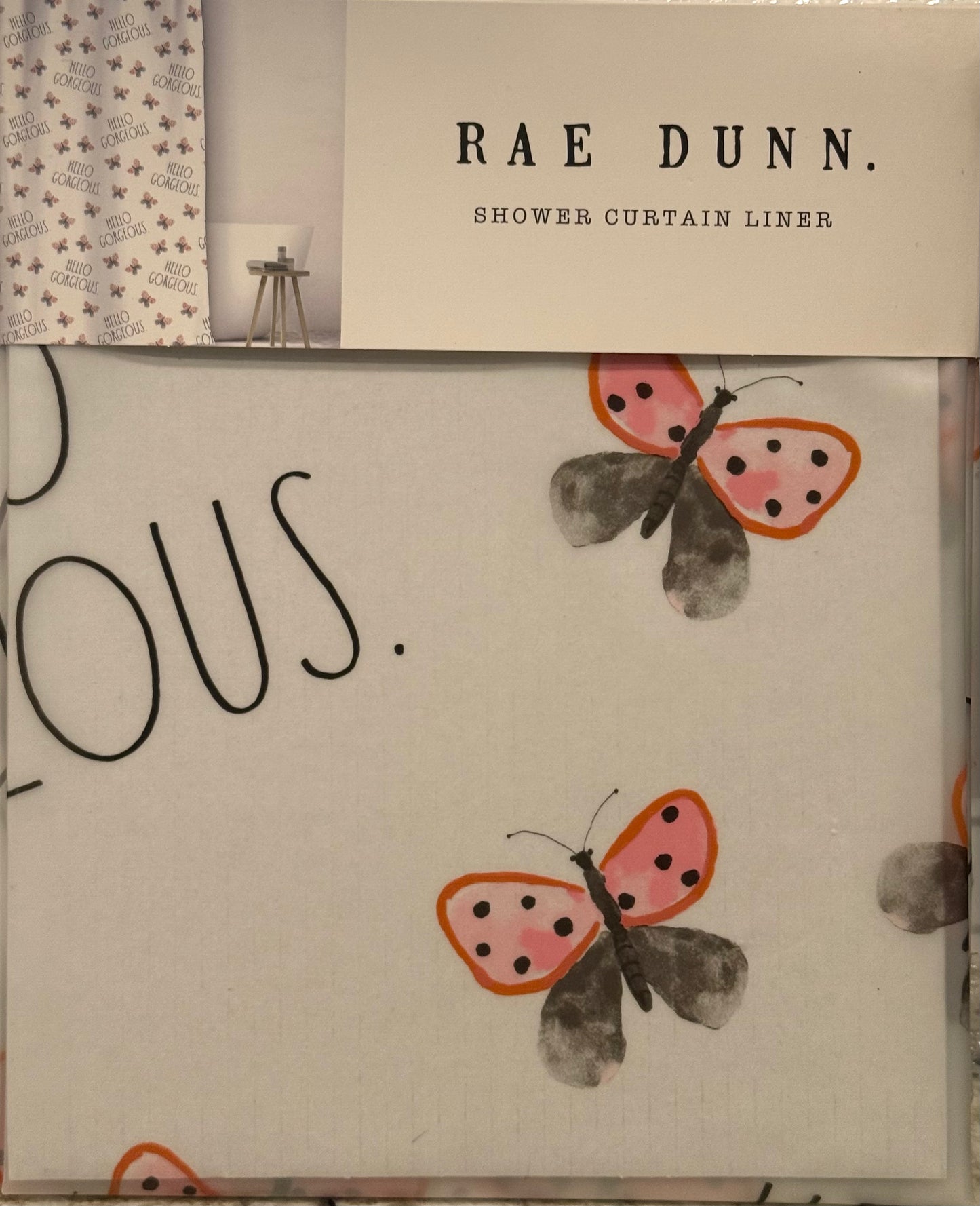 New Rae Dunn shower curtain liner butterfly 🦋 print HELLO GORGEOUS - pink