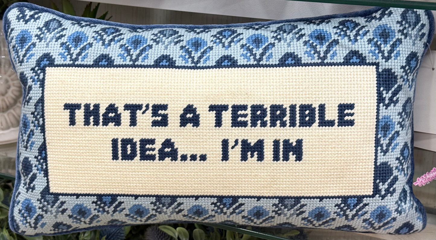 New Cupcakes and Cashmere 9x16 blue floral hook pillow THAT’S A TERRIBLE IDEA, I’M IN