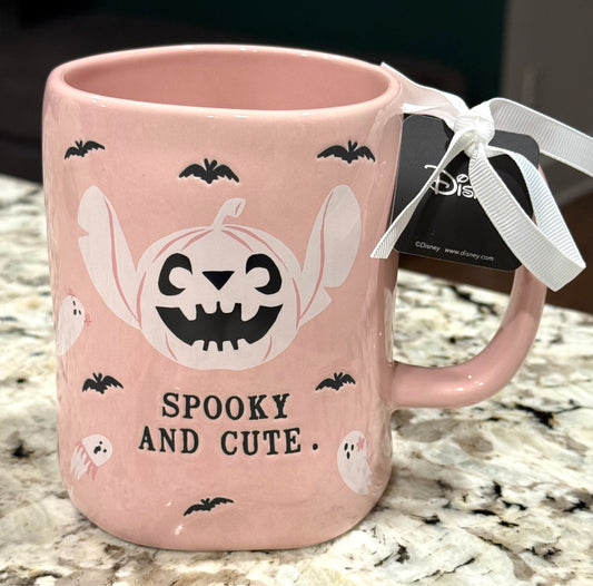 New Rae Dunn x Lilo and Stitch pink ceramic coffee mug SPOOKY AND CUTE.