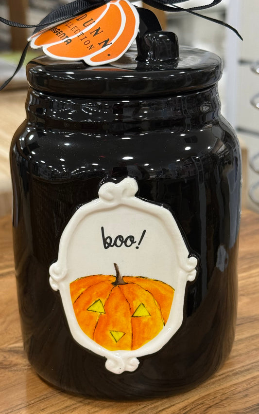 New release Rae Dunn black iridescent ceramic 6” Halloween canister BOO!
