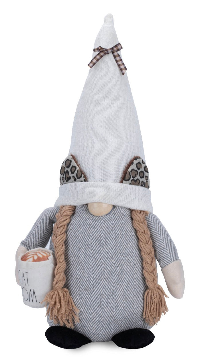 New Rae Dunn “Cat Mom” Grey Plush Cat-Theme Gnome with Mug