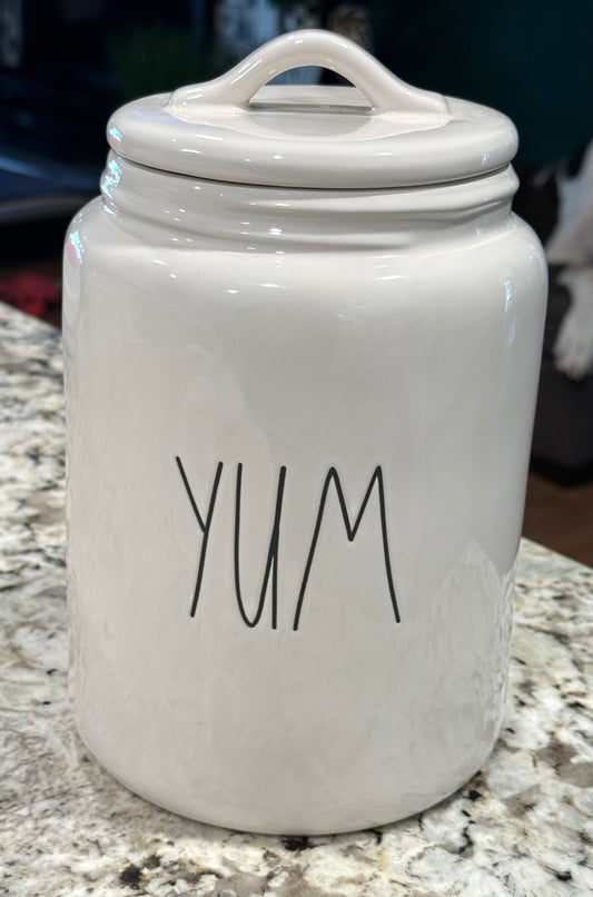 New Rae Dunn 9” ceramic white flat lid canister YUM