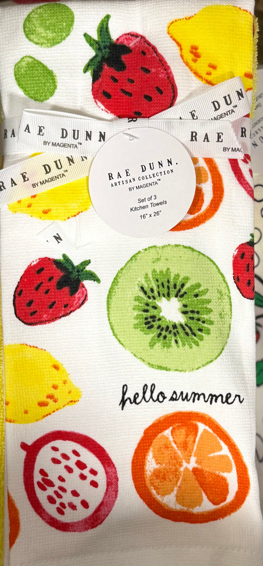New Rae Dunn 3-piece kitchen dish towel set HELLO SUMMER fruit print