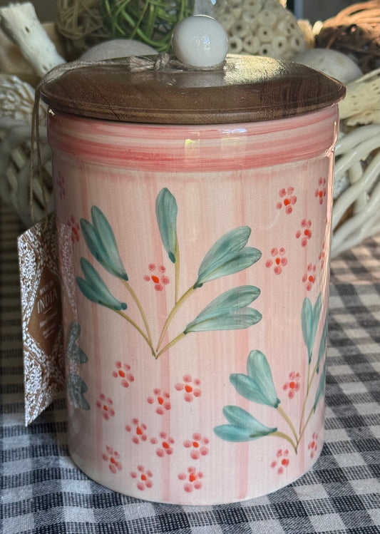 New pink floral Made in India ceramic 7” canister wood lid