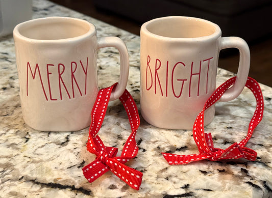 New Rae Dunn mini ceramic coffee mug ornament set MERRY & BRIGHT
