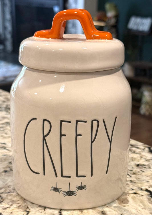 New Rae Dunn white ceramic Halloween decor 🎃 canister CREEPY