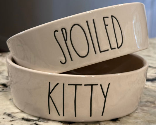 New Rae Dunn ceramic 2-piece cat dish set SPOILED KITTY