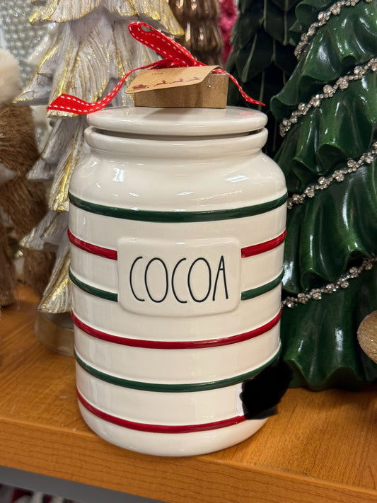 New Rae Dunn white ceramic striped Christmas COCOA canister