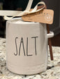 New Rae Dunn white ceramic SALT cellar with wood spoon