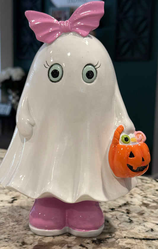 New resin ghost with bow Halloween decor wide eye, pink shoes