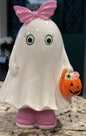 New resin ghost with bow Halloween decor wide eye, pink shoes