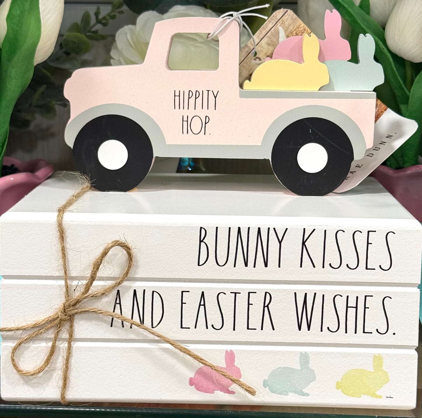 New Rae Dunn Easter truck wood book stack decor BUNNY KISSES AND EASTER WISHES