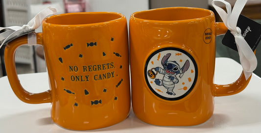 New Rae Dunn x Lilo & Stitch orange ceramic coffee mug NO REGRETS ONLY CANDY