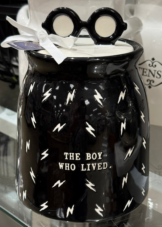 New Rae Dunn x Harry Potter black ceramic eyeglasses topped canister THE BOY WHO LIVED