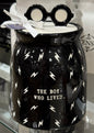 New Rae Dunn x Harry Potter black ceramic eyeglasses topped canister THE BOY WHO LIVED