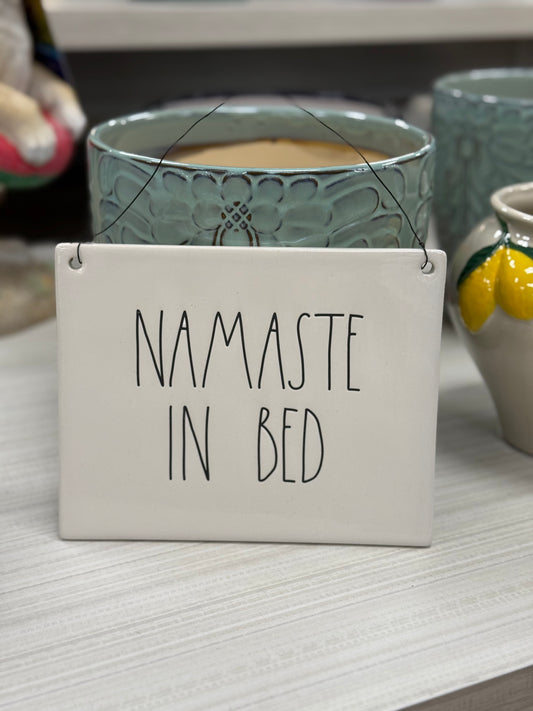 New Rae Dunn white ceramic wall sign 10x8 NAMASTE IN BED