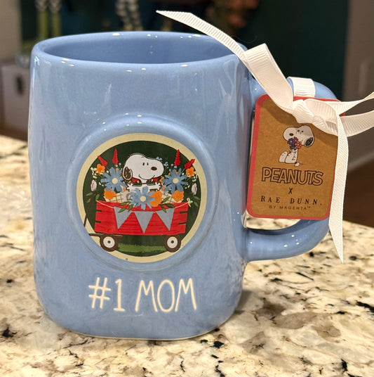 New Rae Dunn x Peanuts blue Snoopy ceramic coffee mug #1 MOM