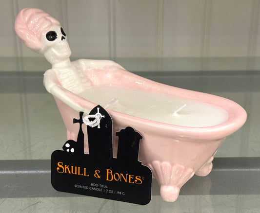 New pink & white sparkle skeleton bubble bath Halloween candle decor
