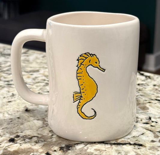New Rae Dunn white ceramic coffee mug- seahorse back VITAMIN SEA