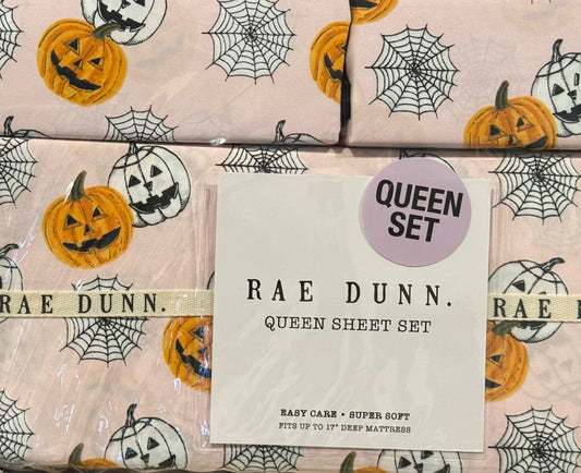 New Rae Dunn pink pumpkin Halloween QUEEN sheet set