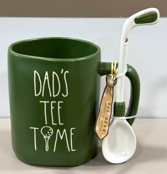 New Rae Dunn green ceramic coffee mug DAD’S TEE TIME golf club spoon included