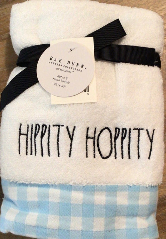New Rae Dunn white blue plaid trimmed 2-piece Easter hand towel set HIPPITY HOPPITY