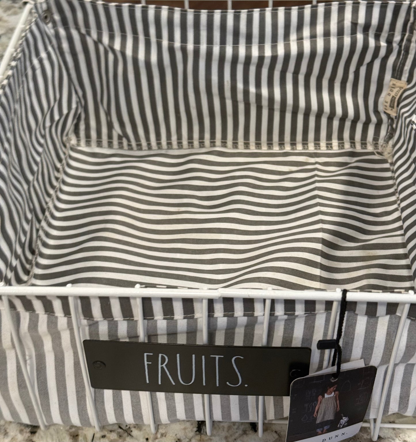 Rae Dunn large white metal basket with gray striped snap in liner FRUITS 14x14x6.5