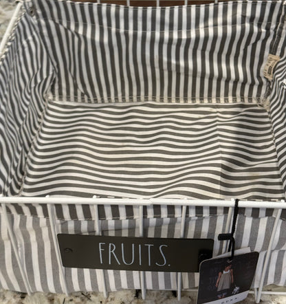 Rae Dunn large white metal basket with gray striped snap in liner FRUITS 14x14x6.5