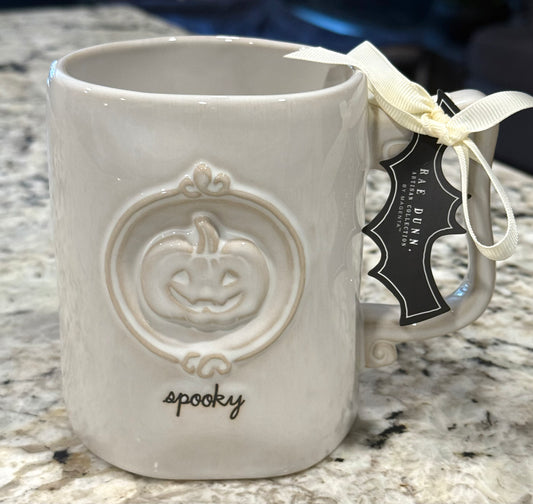 New Rae Dunn white ceramic coffee mug SPOOKY jack-o’-lantern face