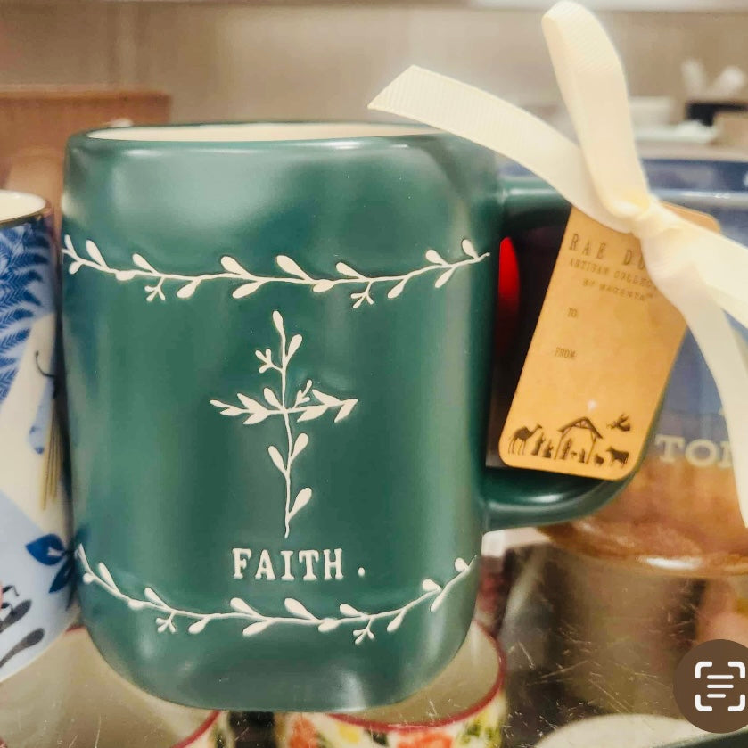 New Rae Dunn green ceramic coffee mug FAITH
