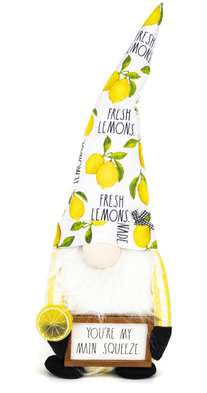 New Rae Dunn yellow gingham and plaid plush lemon gnome decor YOU’RE MY MAIN SQUEEZE